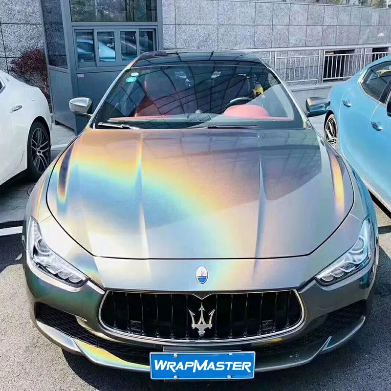 Wrapmaster Full roll Glossy rainbow holographic Laser Grey auto Wraps Car Vinyl wrap color change film