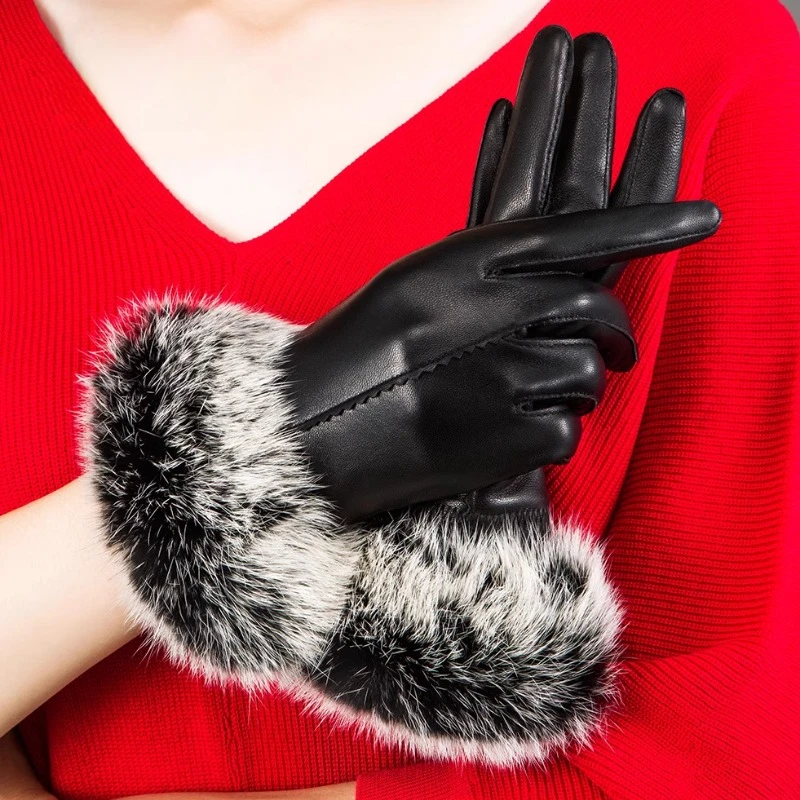 New Arrival Wholesale Women's Real Sheepskin Leather Gloves With Rabbit Fur Cuffs Female Cycling Warm gloves Fleece Lining