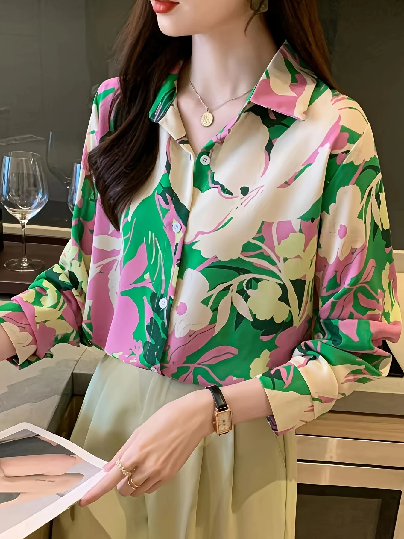 Floral Print Button Front Shirt, Casual Long Sleeve Lapel Shirt, Womenswear