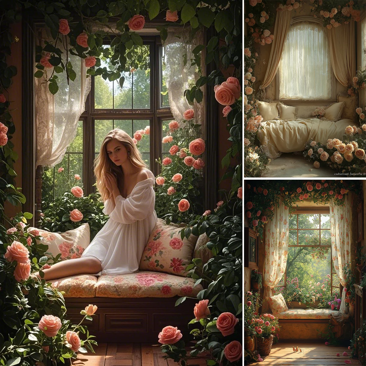 

Sunshine Though Windows White Curtains Backdrops Kids Adult Woman Pregnant Photography Props Rose Floral Plants Room Backgrounds