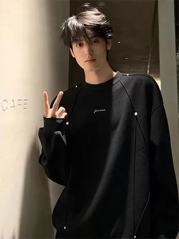 

Bla oulder round Ne Sweatirt Men's Sle Spring Large Size Long Sve American Decosition Loose Casual Men's Top