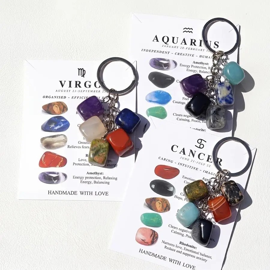 1/5/10/20/50/100pcs Natural Stone Keychains with Zodiac Signs, Healing Crystal Keychains with Constellations, Handcrafted Gemsto