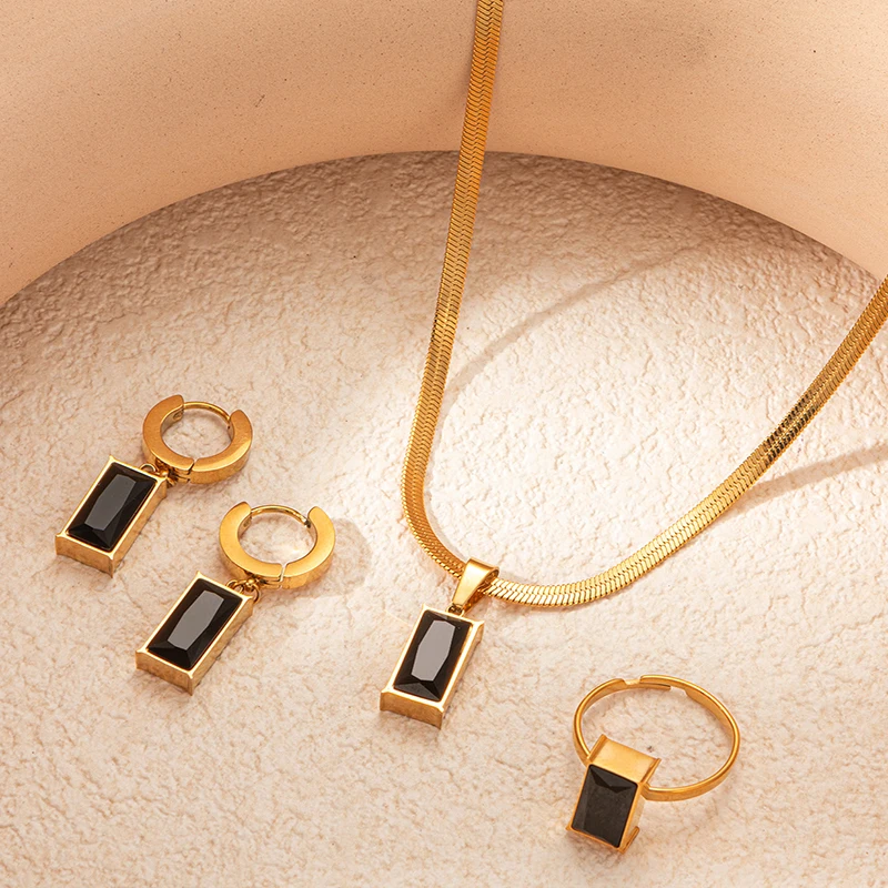 ENSHIR 316L Stainless Steel Green Black Square Zircon Pendant Necklace Earring Ring For Women Niche Snake Bone Chain Jewelry Set