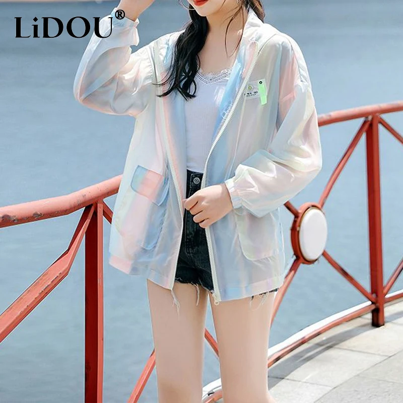 

2023 Spring Summer New Hooded Zipper Long Sleeve Thin Style Sunscreen Clothing Women Pockets Fashion Loose Korean Style Coat