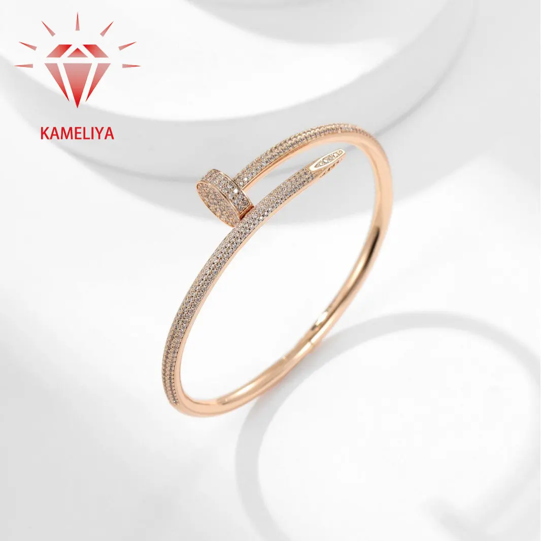 

KAMELIYA Full Zircon Nail Bangle Rose/White/Yellow Bracelet for Women Copper Zircon Diamond Bracelet Party Fashion Jewelry Gifts
