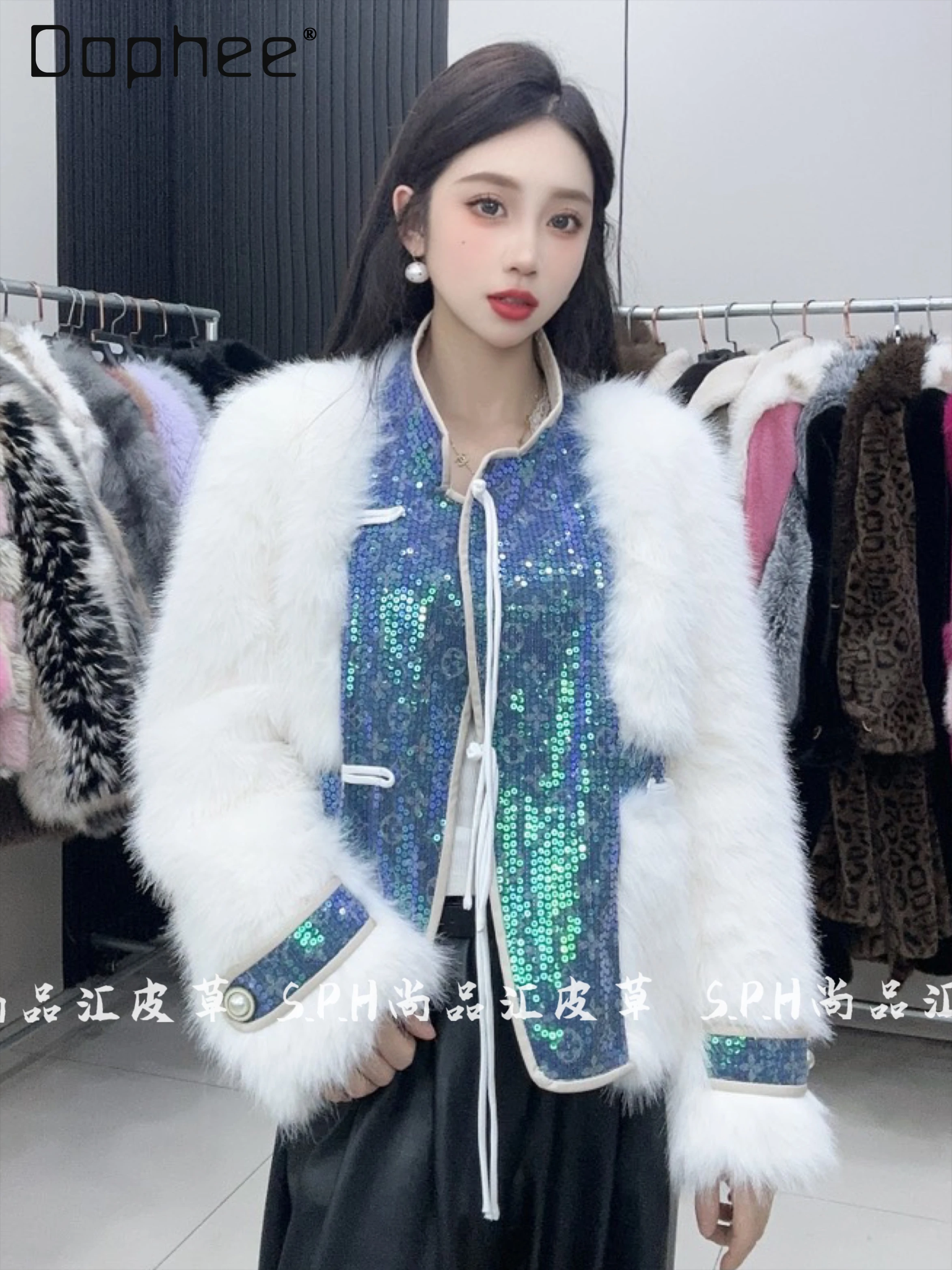 

Chinese Style Heavy Industry Sequined Buckle Thickened Jacket Women Round Neck Long Sleeve Fashion Faux Fur Coat Women