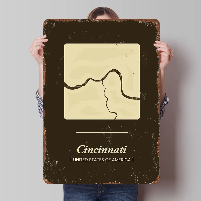 Cincinnati City Map Printed Poster Customized Wall Art Retro Vintage Metal Tin Signs for Room Ornaments Wand Deko Home Decor