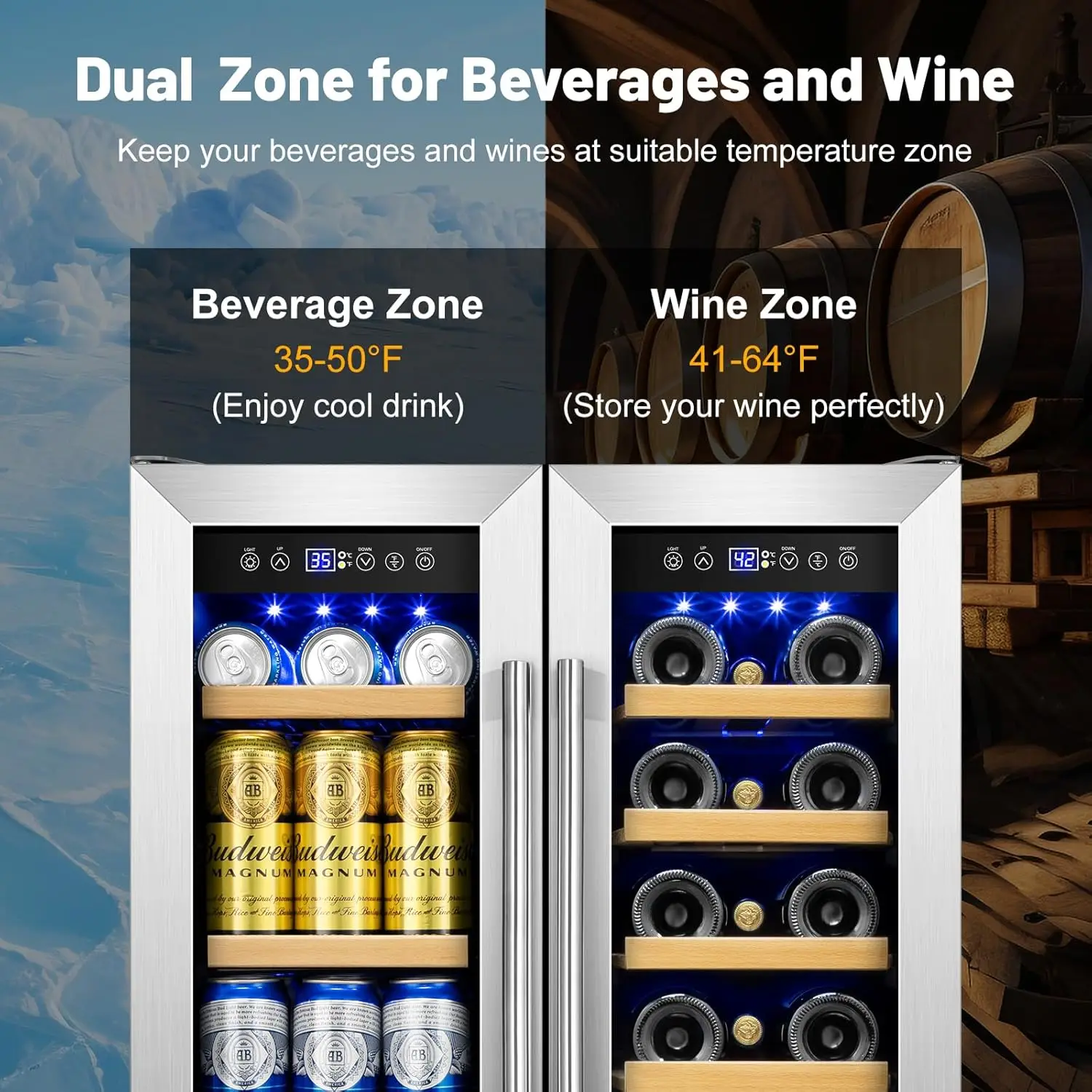 

Wine and Beverage Refrigerator, 24 Inch Beverage Cooler Dual Zone with Glass Door, Built-in/Freestanding Beverage Fridge