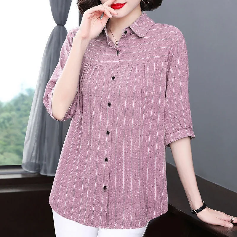 2024 New Summer Korean Commuting Minimalist Casual Loose Blouses Half Sleeves Polo Collar Stripe Panel Button Women's Shirt Top