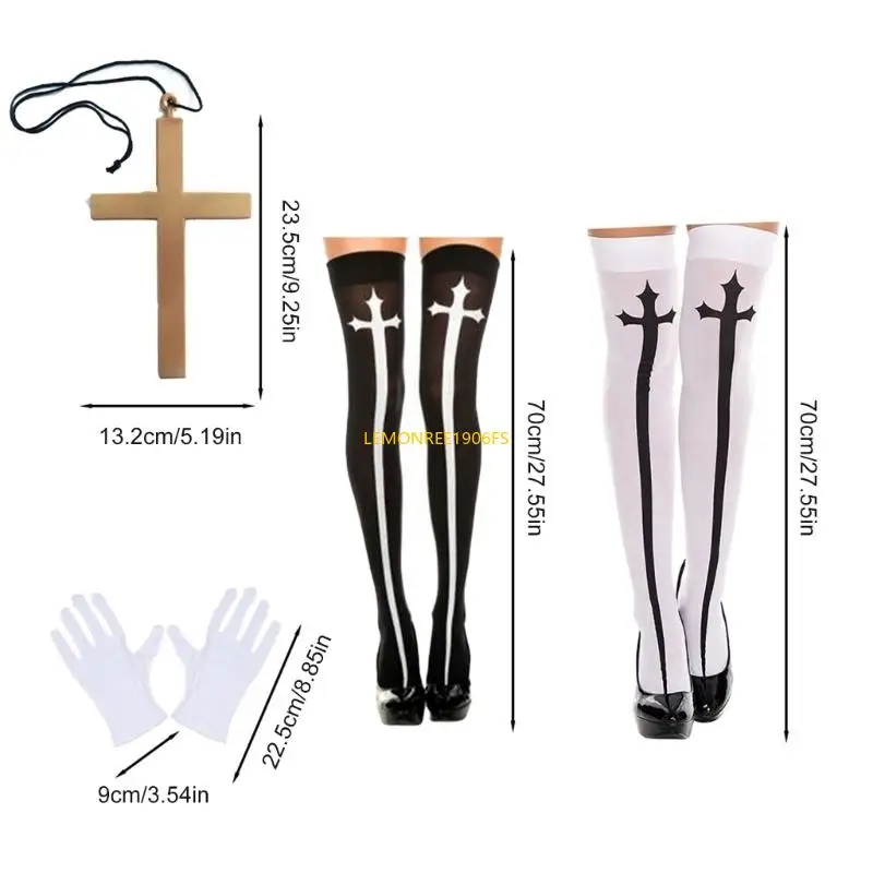 P9jf feminino role play freira roupa com headpiece cruzamento pingente colar meia halloween freira trajes acessórios