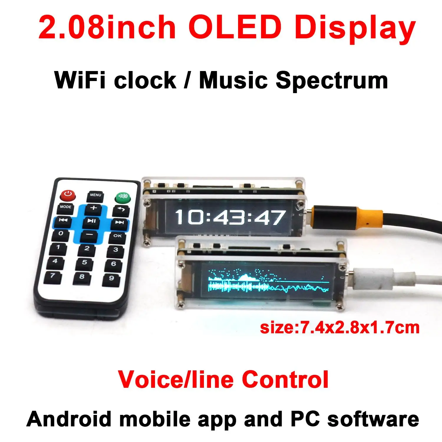 2.08Inch OLED Audio Music Spectrum WiFi Clock, Level Display VU Meter Remote APP Control Atmosphere Rhythm Light Digital Time