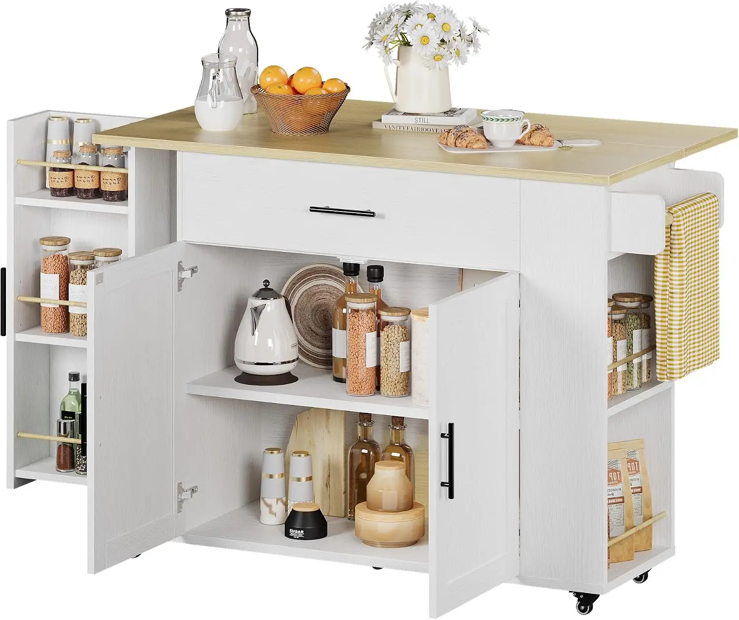 52 In White Rolling Kitchen Island with Drop Leaf Storage Cabinet Drawer Adjustable Shelf Spice Towel Rack 5 Caster Wheels Mobile Coffee Bar Prep Cart