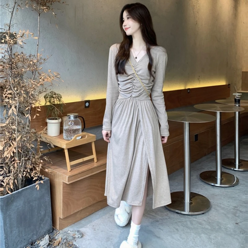 

V-neck Pleated Dresses Women Korean Style Retro High Waist Solid Color Long Sleeve Office Lady Casual Daily Basic Dress Female