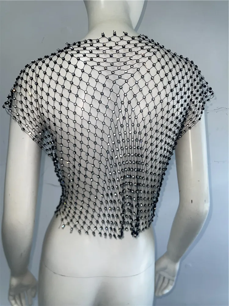 Haut court en résille pour femmes, Sexy, strass brillants, débardeur Y2K, transparent, Cover-Up pour la plage, vêtements de fête, boîte de nuit, été