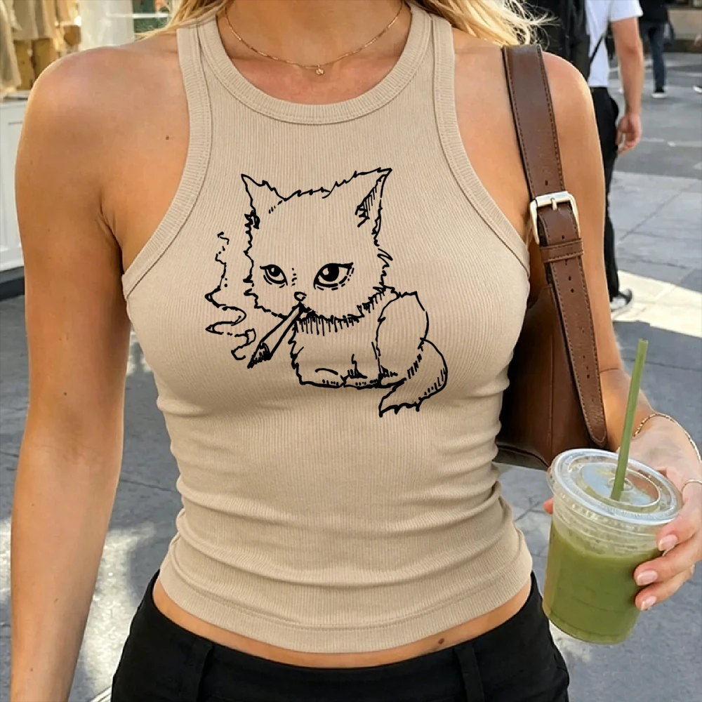 Funny Smoking Cat Graphic Ribbed Crop Tank Top Y2K Grunge Minimal Line Art Sleeveless Crew Neck Baby Tee Women Retro Sketch
