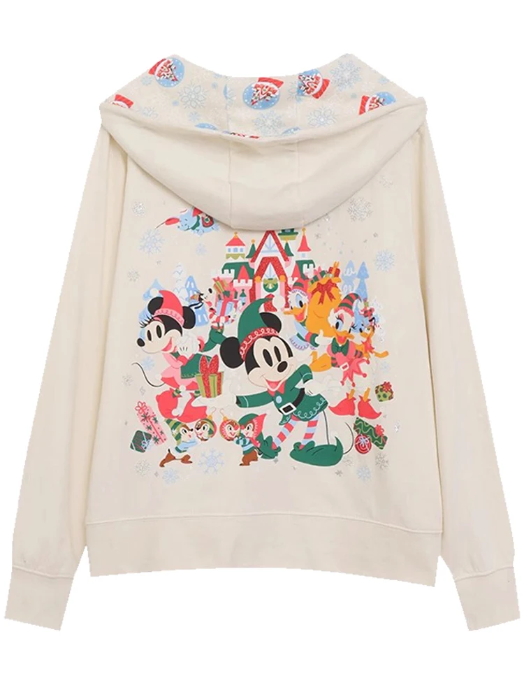 Disneyland Walt Disney World Castle Letter Merry Christmas Mickey Mouse Family Print Sweatshirt Women Hooded Zip Jumper Tops