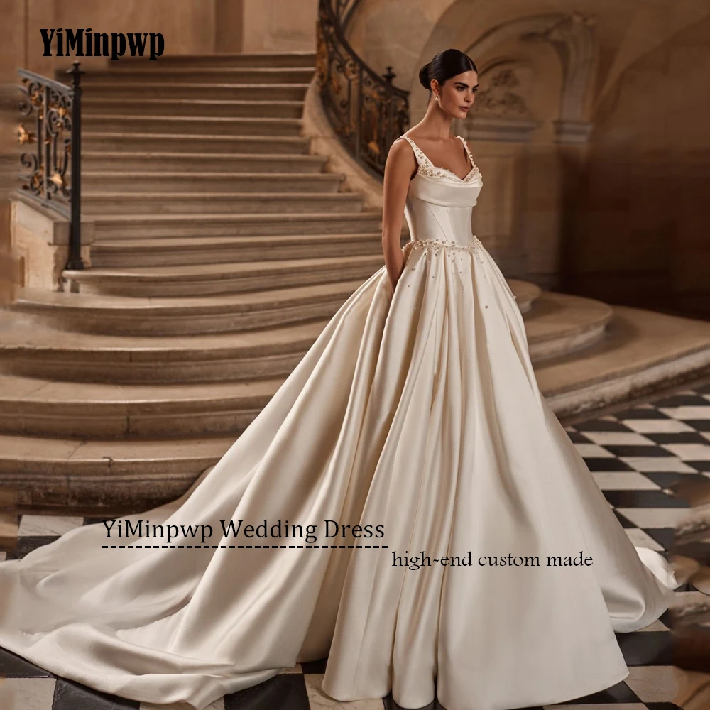 خمر الساتان مطرز فساتين الزفاف السباغيتي الأشرطة ألف خط الحبيب ثوب الزفاف عارية الذراعين الأميرة العروس ثوب مخصص