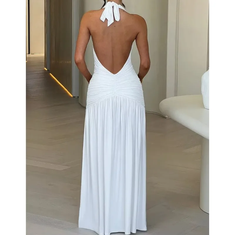 Deep V Neck Backless Maxi Dress For Women Fashion Solid Sleeveless Thigh High Split Sexy Long Dress Elegant