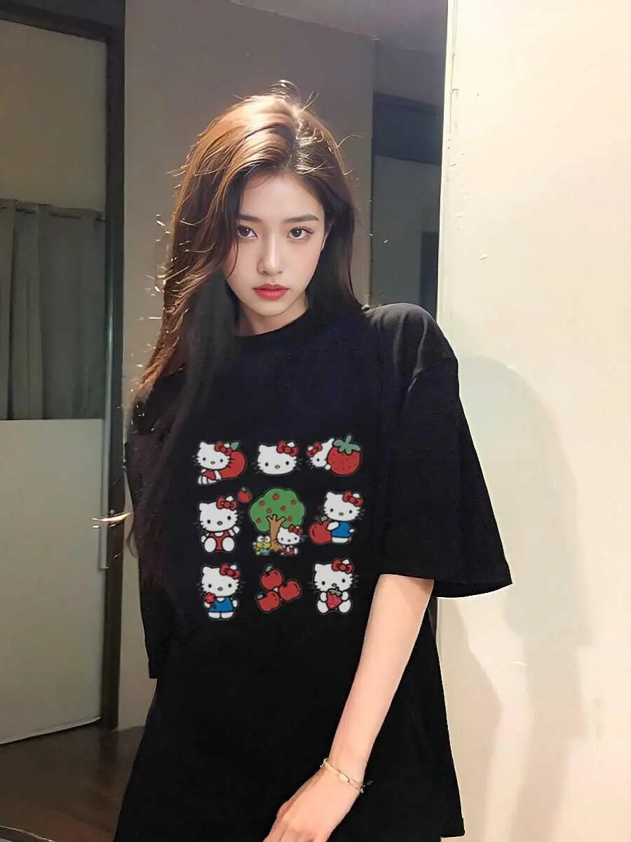 

Hello Kitty Fruit Anime Pattern Printed Couple's Short-sleeved Casual Outdoor Cotton Round-neck T-shirt breathable Clothing