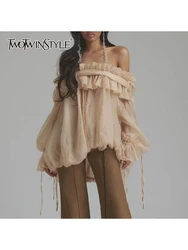 TWOTWINSTYLE Solid Patchwork Loose Casual Blouse For Women Slash Neck Long Sleeve Spliced Lace Up Shirts Female Fashion Style