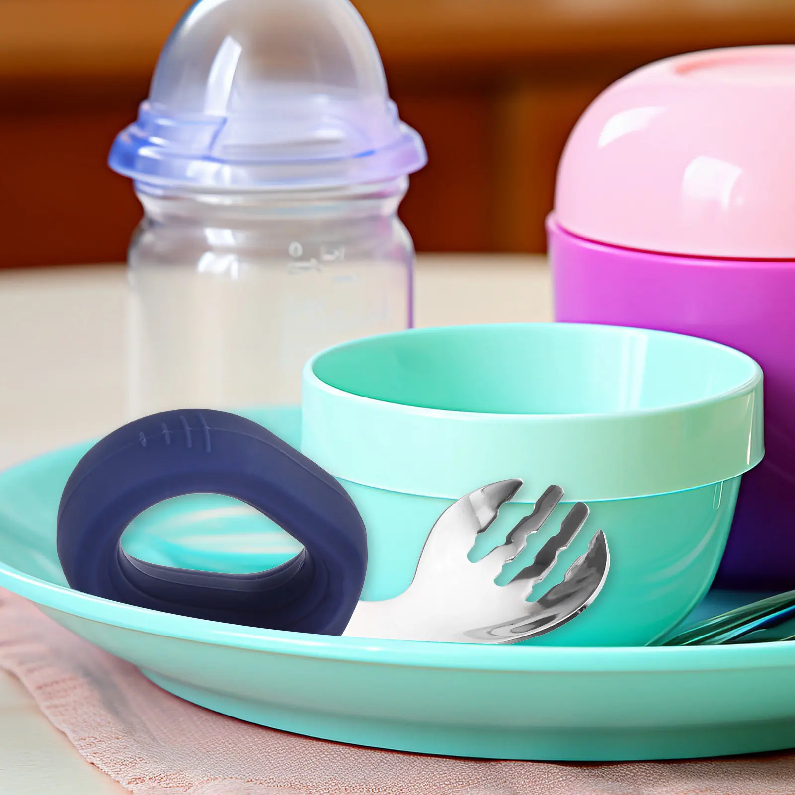1Set Toddler Spoon Fork Kit Silicone Stainless Steel Baby Feeding Tools Safe Lightweight Easy Hold Self Feeding Utensils Baby