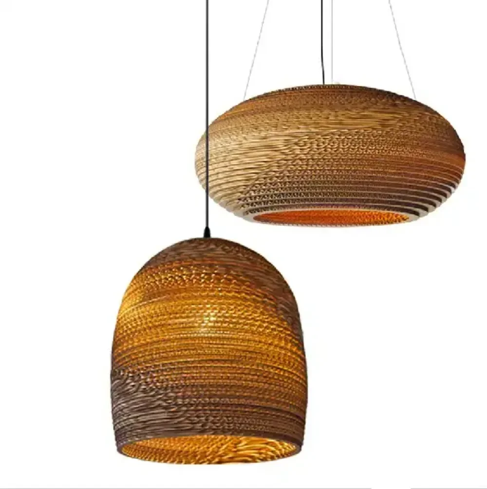 Modern Antique Different Large Round Brown Ball Pendant Lamp Paper Carving Hanging LightRecycled Corrugated Cardboard Chandelier