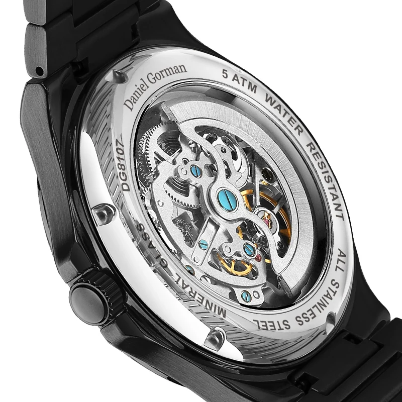 Daniel Gorman 남성용 스포츠 스켈레톤 디자인 시계, 럭셔리 자동 발광 손, 5 ATM 방수 시계, DG8107 패션