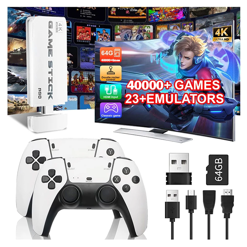 M15 4K TV-Game-Stick, 64 GB integrierte 40000+ Retro-Spielekonsole mit kabellosen Gamepads, unterstützt über 20 Simulatoren für HD-TV-Gaming