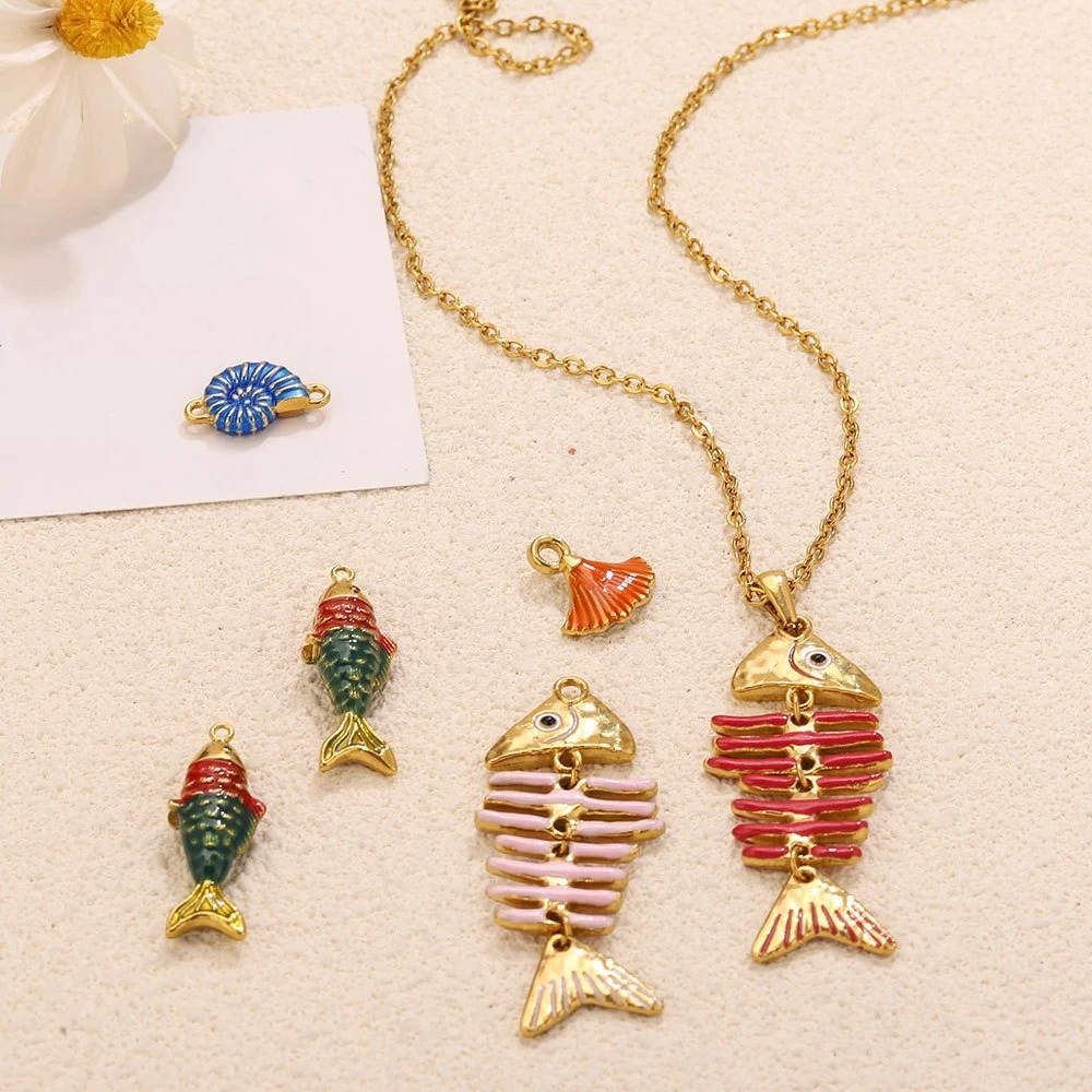 6Pcs Stainless Steel Enamel Charms Fish Bone Ginkgo Conch Pendants DIY Handmade Jewelry Findings For Bracelets Necklaces