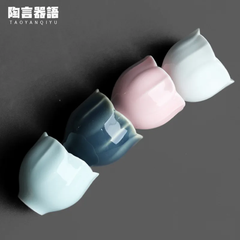 Embossed petal-shaped fog blue trumpet tea cup celadon glaze kung fu tea ceremony personality household porcelain personal singl