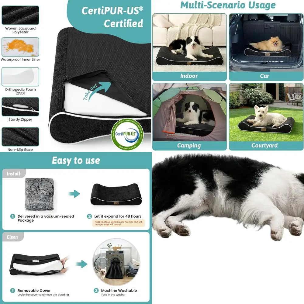 

Large Dog Orthopedic Bed - Waterproof, Removable Cover, Non-Skid, 90 lbs, L 45x30x6