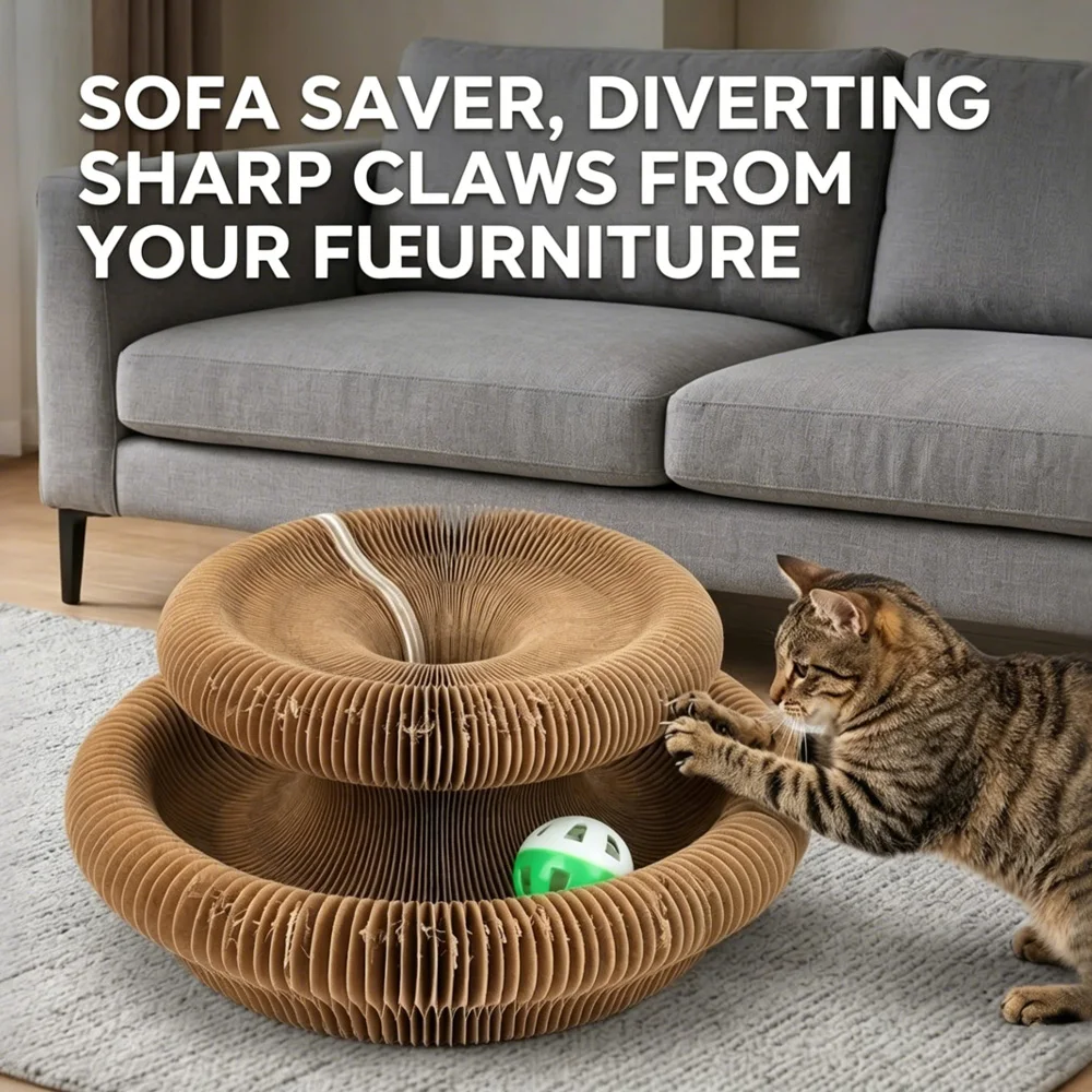 Magic Organ Cat Scratching Board Corrugated Cardboard Foldable Interactive Grinding Claw Toy with Bell Ball for Kitty Playing