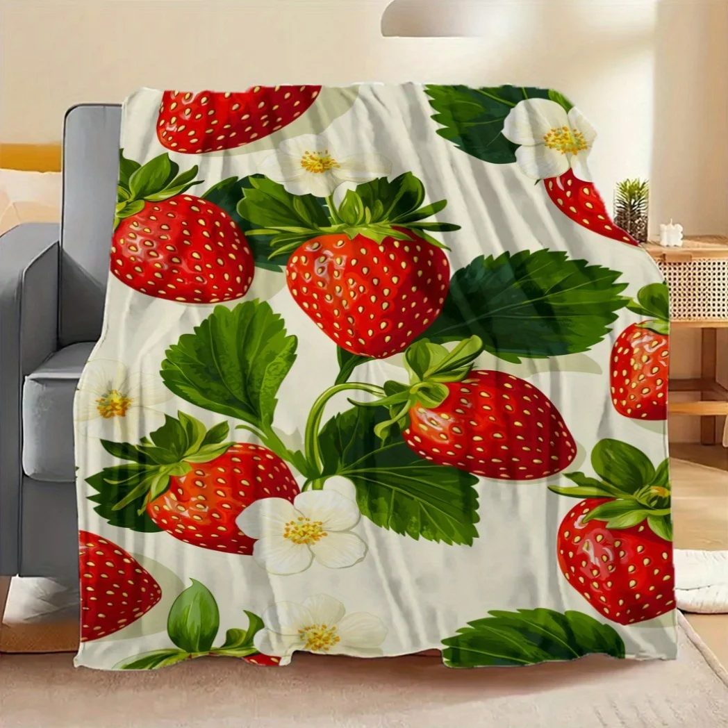 Storage Chunky Knit Polyester Throw Blanket with Strawberry and Floral Pattern, Soft Cozy All-Season Blanket for Office, Sofa