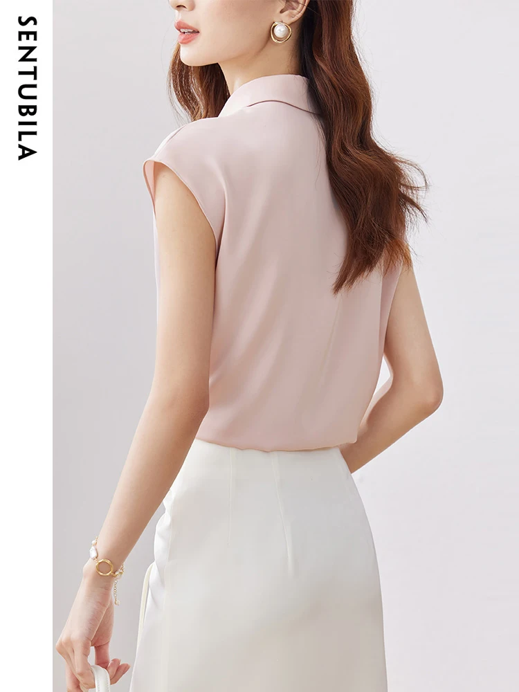 SENTUBILA Office Lady Chiffon Blouse 2024 Summer Turn-Down Collar Solid Sleeveless Shirt Top Woman Shirts & Blouses 132V49689