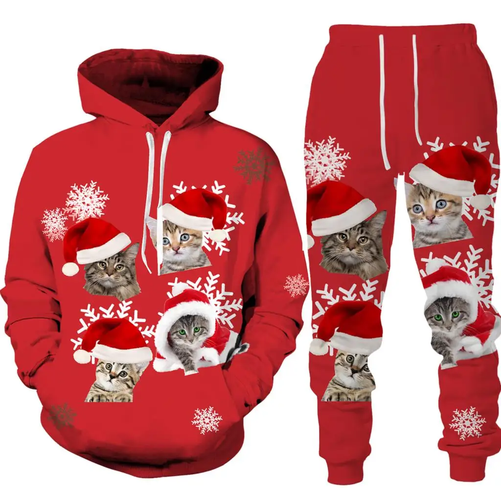 

Autumn Winter Christmas Casual Hoodie Suit For Men Funny Santa Claus Printing Set Unisex Sports Style Two-piece Trendy Tracksuit