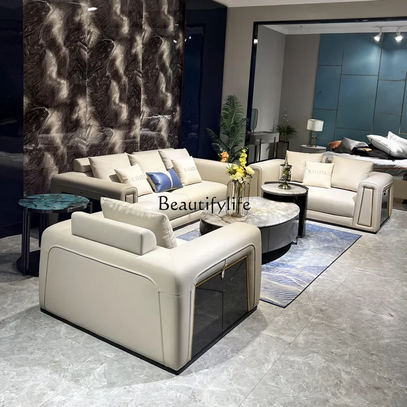 

4yj9 Light Luxury Italian Style Leather Sofa Living Room Combination Furniture Large and Small Apartment casual Hong Kong Style
