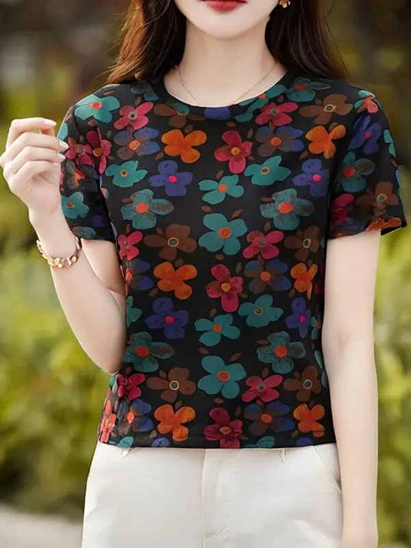 

Модная летняя женская футболка с коротким рукавом, свободный тонкий топ для мам, стильный топ для похудения, повседневный стиль, полиэстер