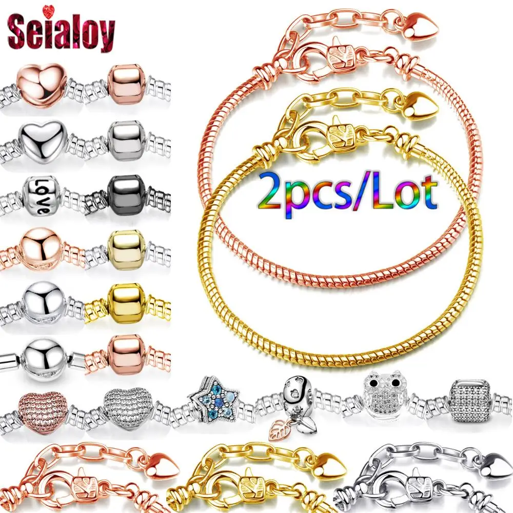 Seialoy 2-Pack Rose Gold Color & Gold Color Extension Chain Lobster Clasp Bracelets Fit Diy Bead Charm Bracelet For Boy Girl