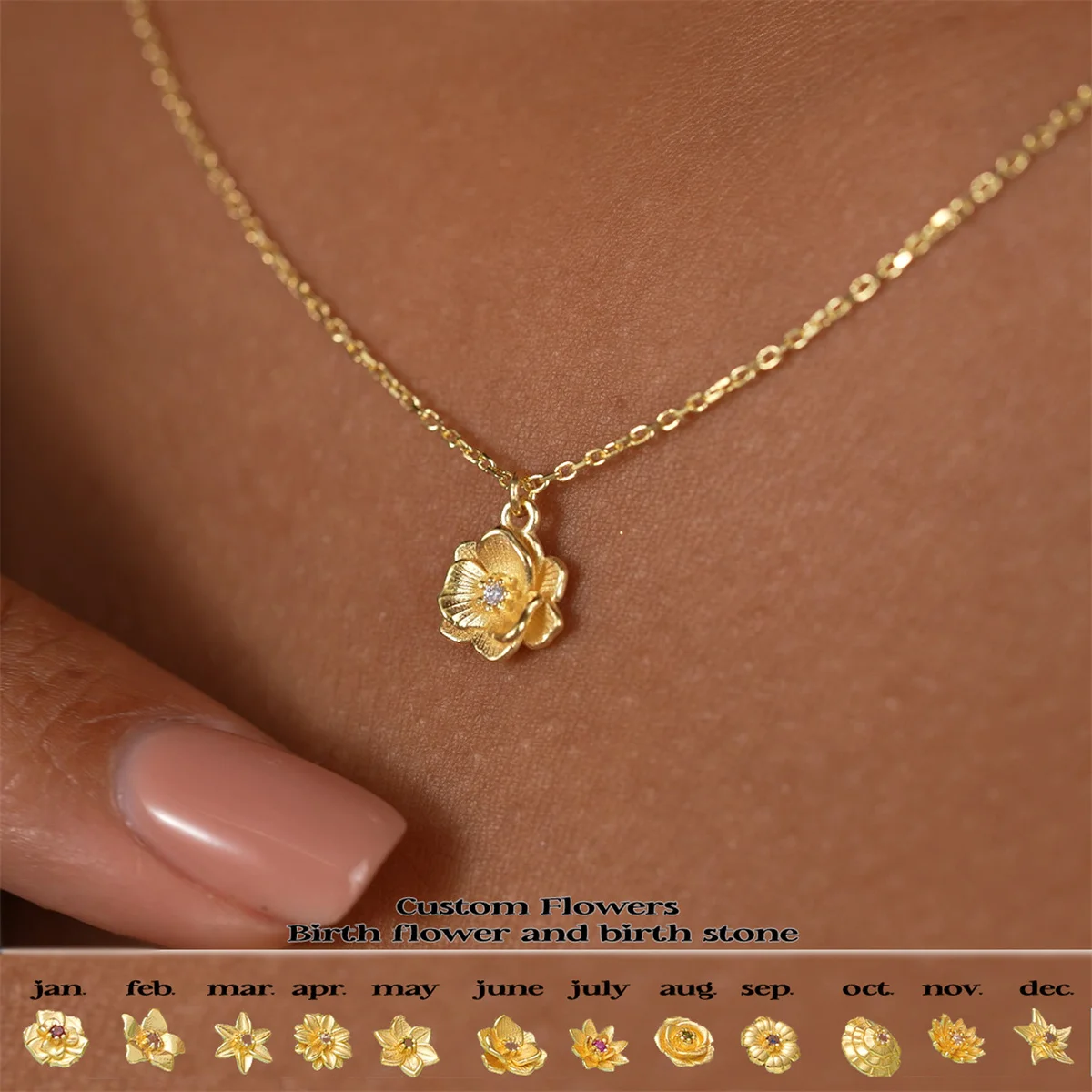 3D Decoration December Birth Flower Pendant Necklace 18K Gold Plated Fur Chain Versatile Color Protection