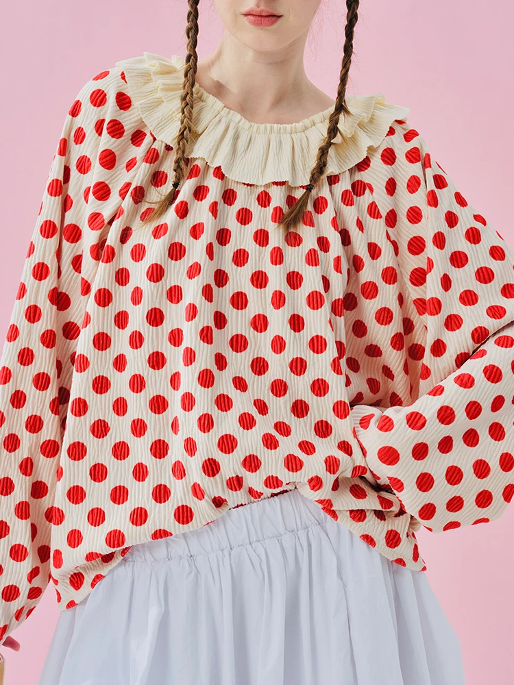 imakokoni 2024 autumn and winter Japanese casual commuting lace collar red polka dot pleated top T-shirt 244861