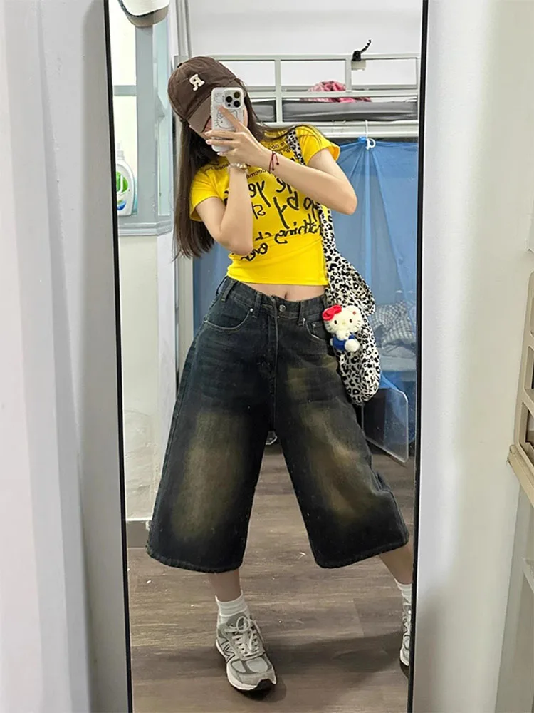 Taglie forti American Retro Denim orts Design autunnale da donna Gamba dritta Dimagrante Pantaloni a gamba larga di media lunghezza Casual Sle