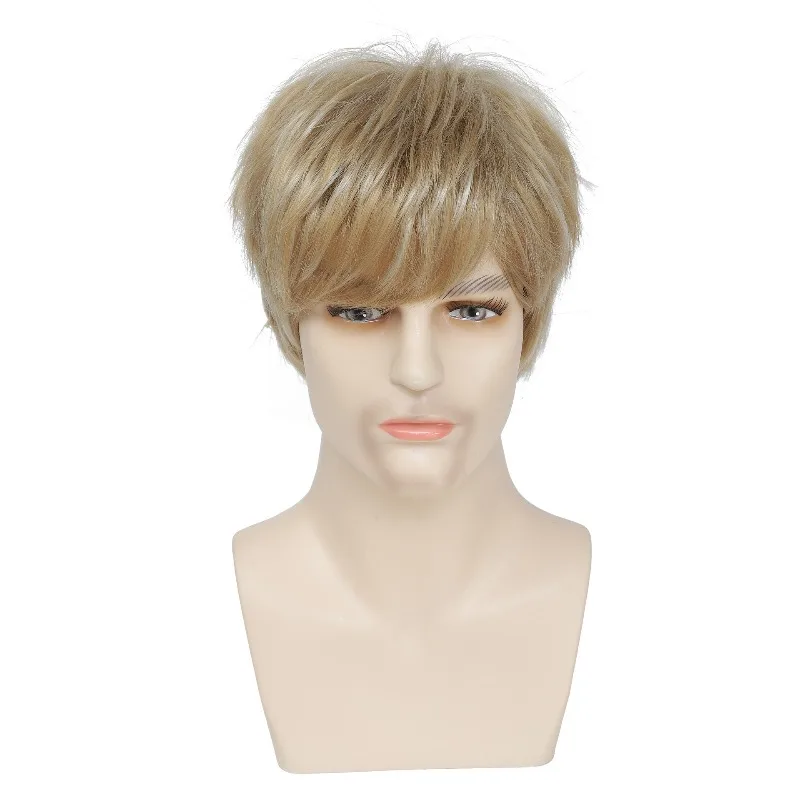 

Man Side Swept Bangs Short Hair Halloween Music Festival Party Dress Up Headwear Fashion Golden Headgear Man Daily Match Wig