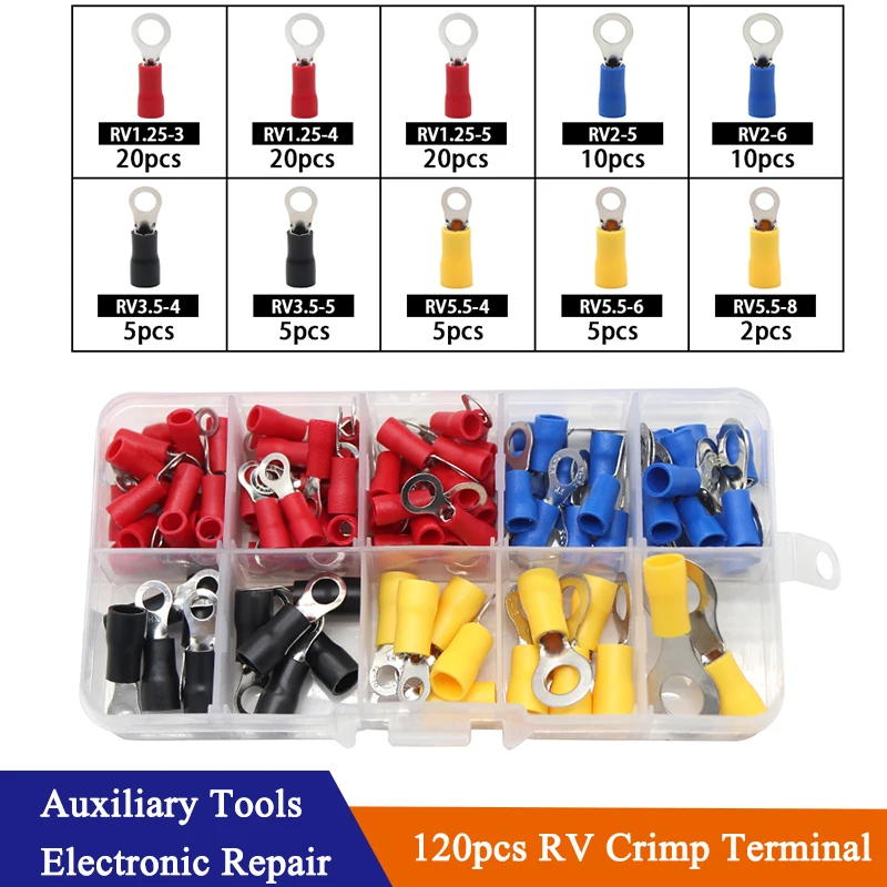 

(102pcs/lot RV) Insulated Ring Terminals Electrical Wire Crimp Connector Kit Set With Box Copper Wire Cord Pin End Butt