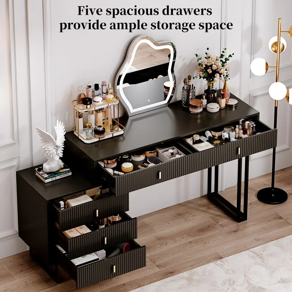 Vanity desk with mirror and lights, with 3 Color Touch Screen Dimming Mirror, Modern Retractable Makeup Dressing Table