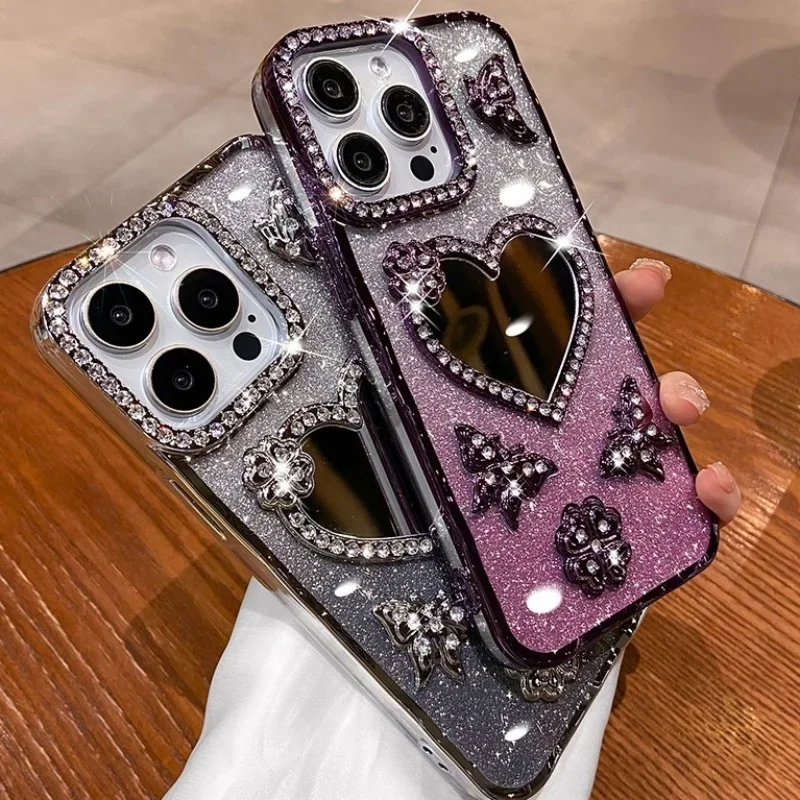 

Зеркальный чехол с сердечком для Iphone 16 Pro Max 15 Plus, чехол-бабочка с покрытием для Iphone 14 Pro 13 12 11, чехол с блестками и бриллиантами