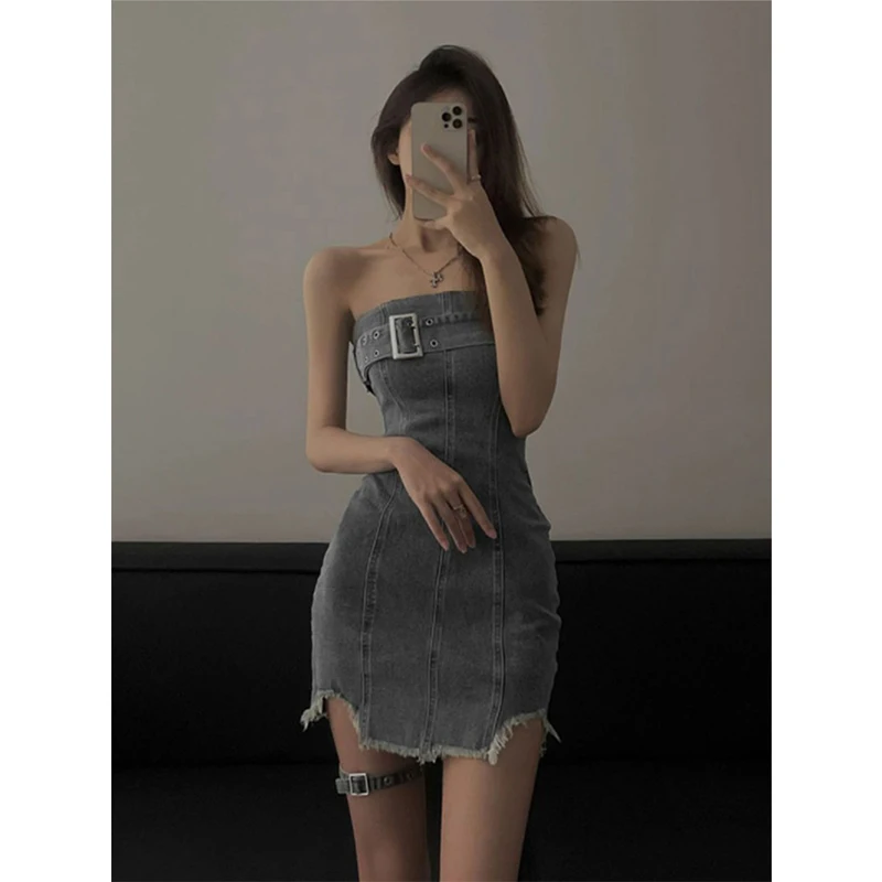 Vestido Mini Vaquero Estilo Urbano para Mujer, Y2K Harajuku, Sexy, Sin Tirantes, Vestidos de Mezclilla, Moda Veraniega, Diseño Grunge Ajustado, Vestidos Nuevos