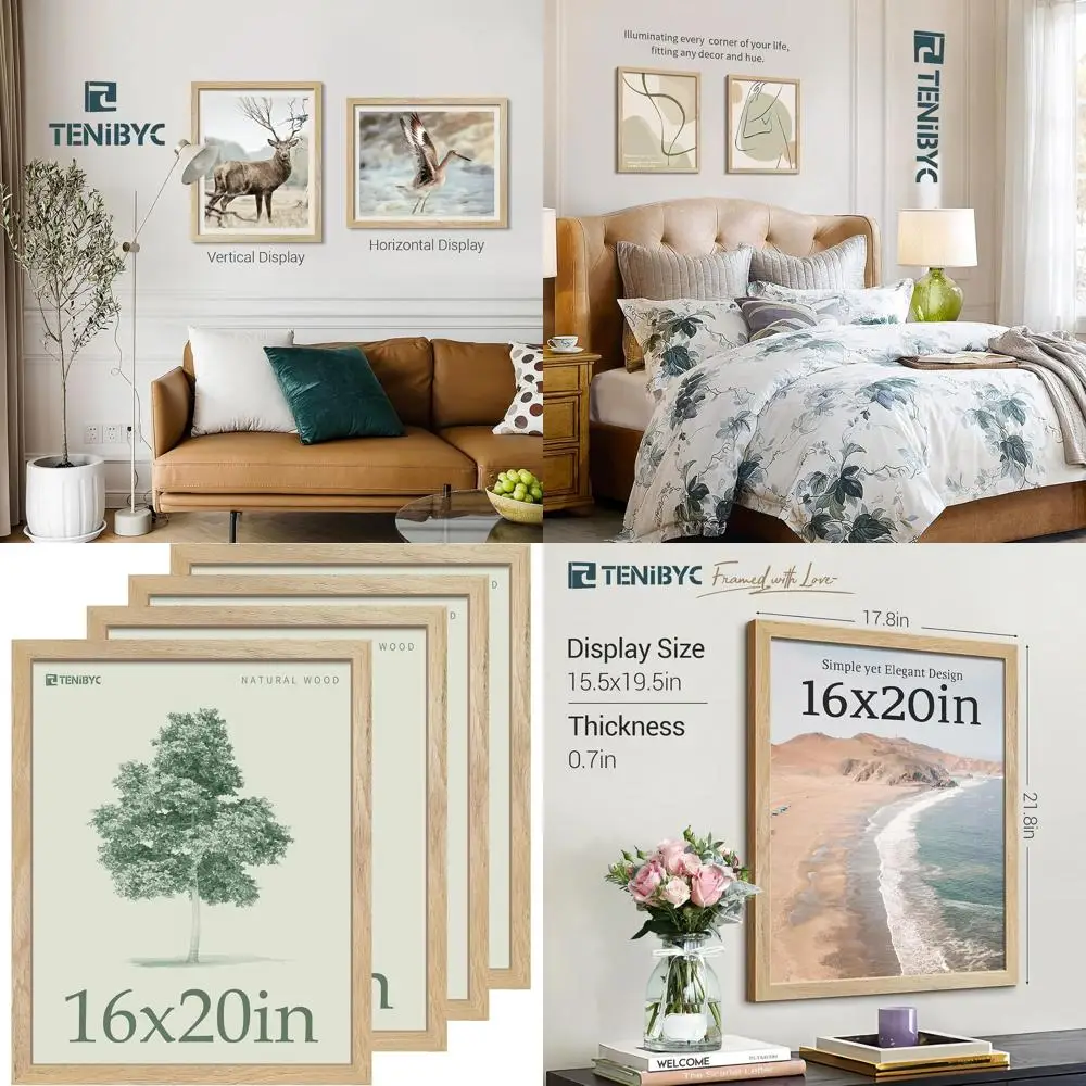 

Set of 4 Natural Wood 16x20 Wall Frames with High-Definition Glass for Gallery Display