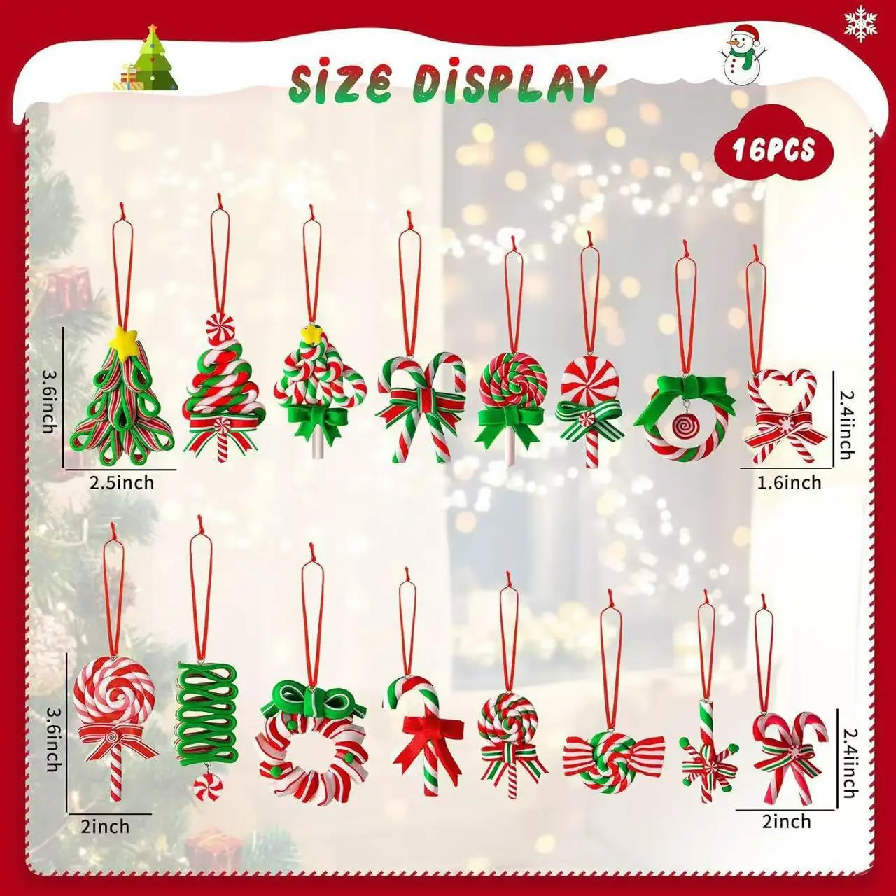16 Stück Mini-Weihnachtszuckerstangen-Ornamente aus Polymer Clay, Pfefferminz-Lollipop-Anhänger, Weihnachtsbaum-Hängedekoration – Detail 9