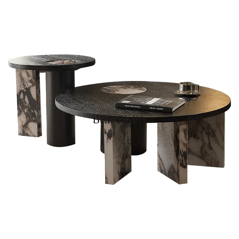 

FG52Small apartment living room Italian minimalist size round high and low combination modern solid wood rock slab coffee table