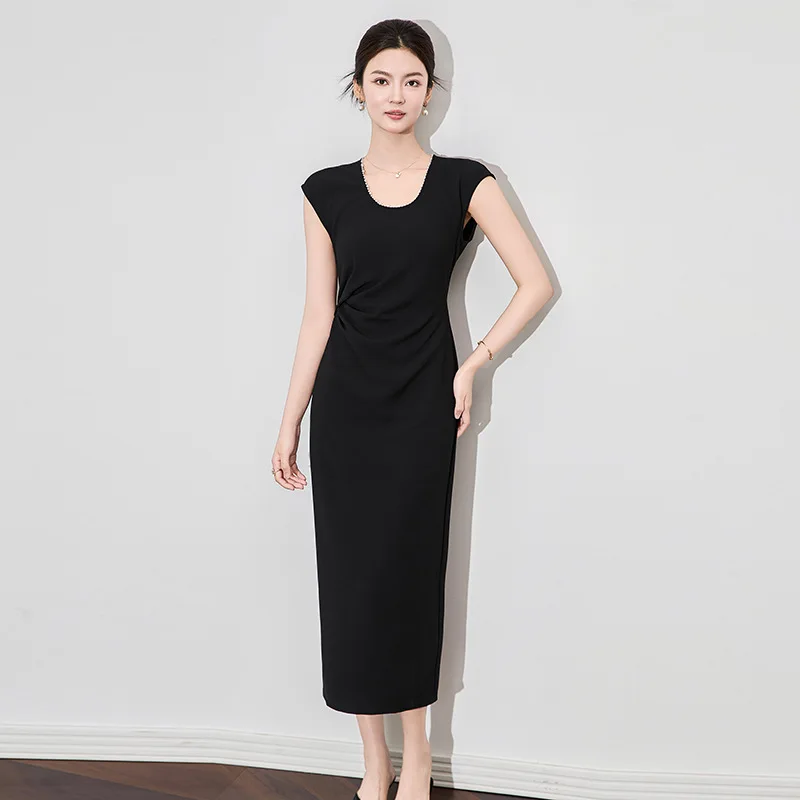 

2504706-Shenzhen Nanyou French Style Intellectual BeautyUBeaded Round Neck Waist-Cinching Pleated Small Flutter Sleeve Women's D